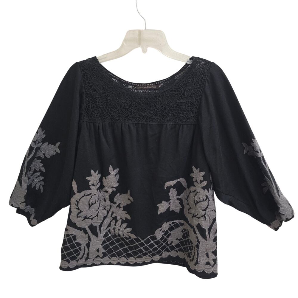 Hazel Haze Floral Lace Flowy Blouse Black Gray Embroidery Lace Anthropologie M